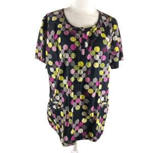 Vintage Body Scrub Top Women's Size Large Black Polka Dots Zip Neck Cotton...